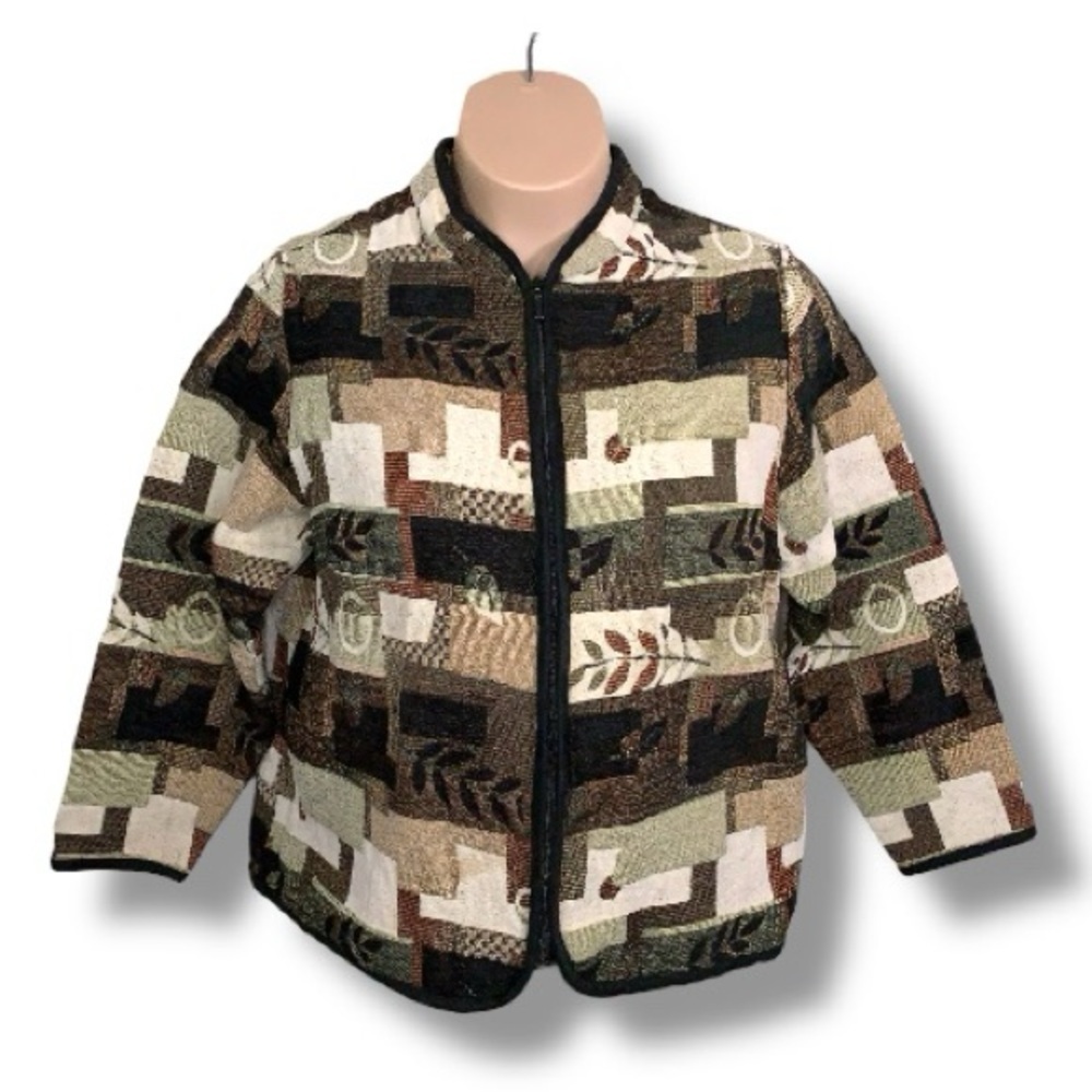 Vintage 1X Studio Works Jacket Embroidered Earth Tones Zip Long Sleeve Patchwork
